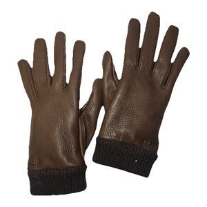 Hestra Womens Size 7 Deerskin Leather Gloves Brown Wool Blend Lined Knit Cuff